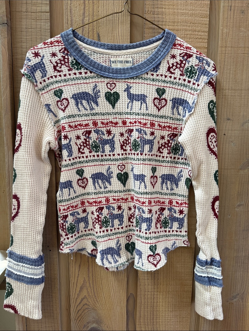 We The Free Cream Fair Isle Reindeer & Heart Crewneck Sweater with Blue Trim